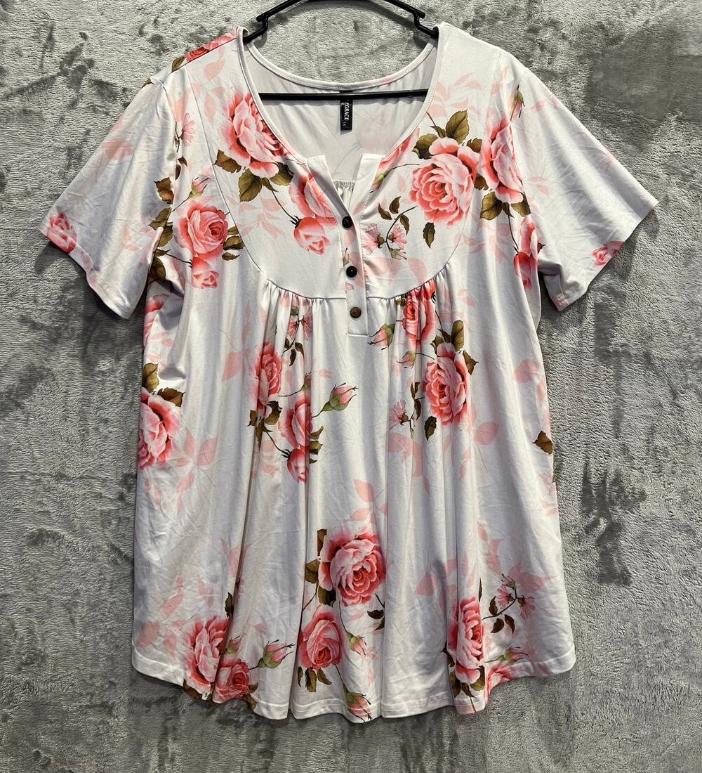 Allegrace Women's Plus Size Floral Tunic Top Henley V-neck Pleated Size 1X